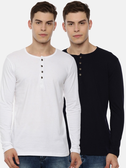 

KAY DEE Men Pack Of 2 White Navy Blue Henley Neck Slim Fit Pure Cotton T-shirt