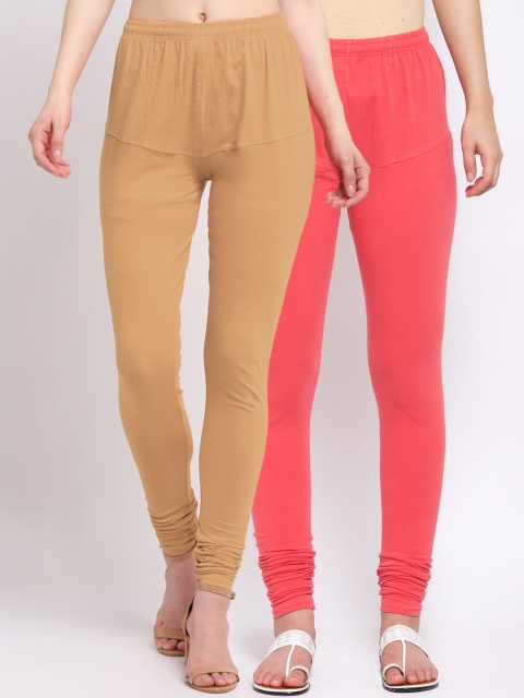 

KLOTTHE Women Pack of 2 Solid Cotton Churidar-Length Leggings, Peach