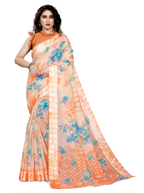 

KALINI Orange & Turquoise Blue Floral Printed Bagh Saree