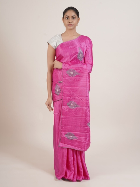 

Pothys Pink & Grey Ethnic Motifs Sequinned Silk Blend Saree