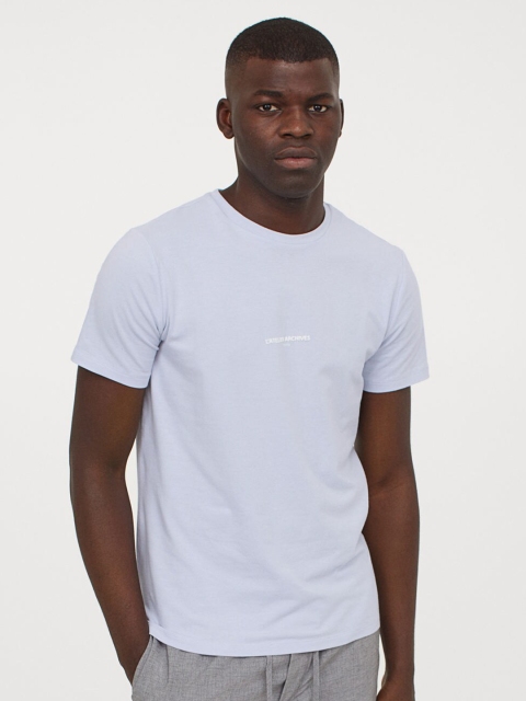 

H&M Men Pastel Blue & White Printed Muscle Fit T-shirt
