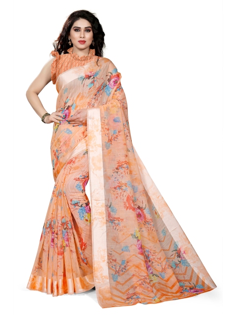 

KALINI Orange & Pink Floral Printed Bagh Saree
