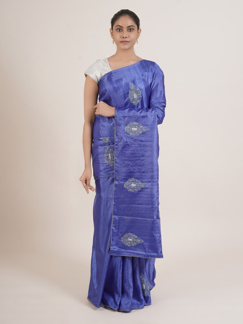 

Pothys Women Blue & Grey Mulbery Silk Embroidered Saree