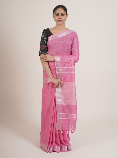 

Pothys Pink & Silver-Toned Mirror Work Linen Blend Saree