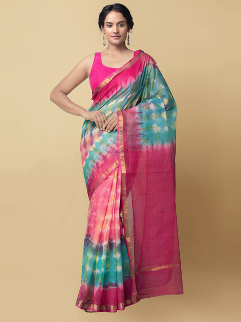 

Unnati Silks Pink & Teal Pure Shibori Cotton Handloom Sustainable Kota Saree