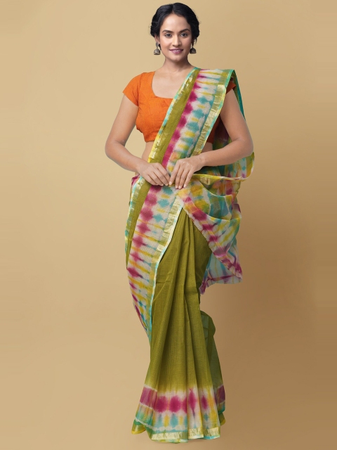 

Unnati Silks Green & Pink Pure Shibori Cotton Kota Handloom Sustainable Saree