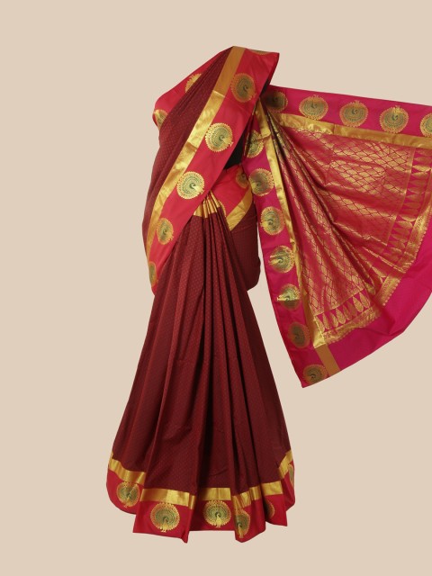 

Pothys Maroon & Gold-Toned Woven Design Zari Pure Silk Kanjeevaram Saree