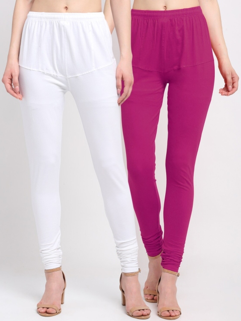 

KLOTTHE Women Pack of 2 Solid Cotton Churidar-Length Leggings, Magenta