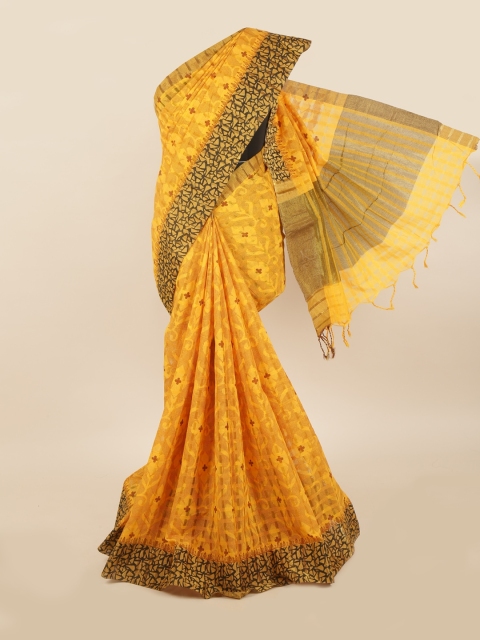 

Pothys Yellow & Brown Cotton Blend Printed Saree