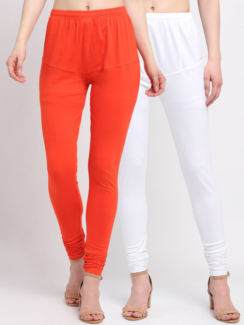 

KLOTTHE Women Pack Of 2 Solid Cotton Churidar-Length Leggings, Orange