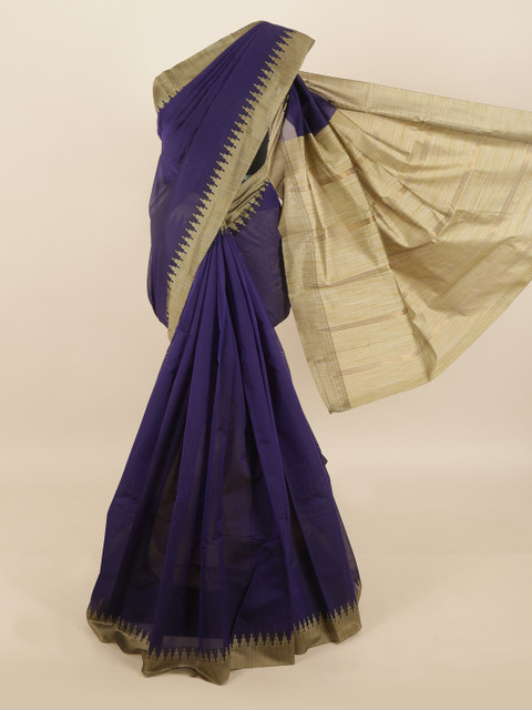

Pothys Navy Blue & Beige Solid Silk Cotton Saree