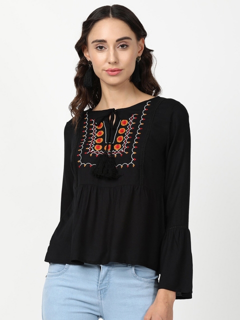 

V2 Value & Variety Black Floral Embroidered Tie-Up Neck Bell Sleeve A-Line Top
