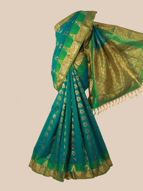

Pothys Sea Green & Green Ethnic Motifs Zari Pure Silk Kanjeevaram Saree