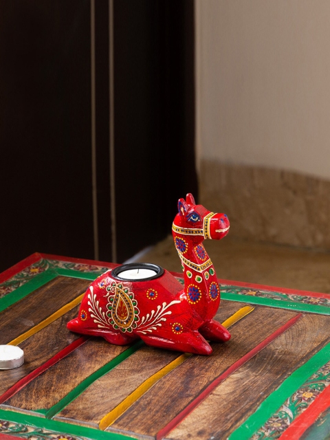 

ExclusiveLane Red & White Handcrafted & Hand-Painted Wooden Tea Light Holder