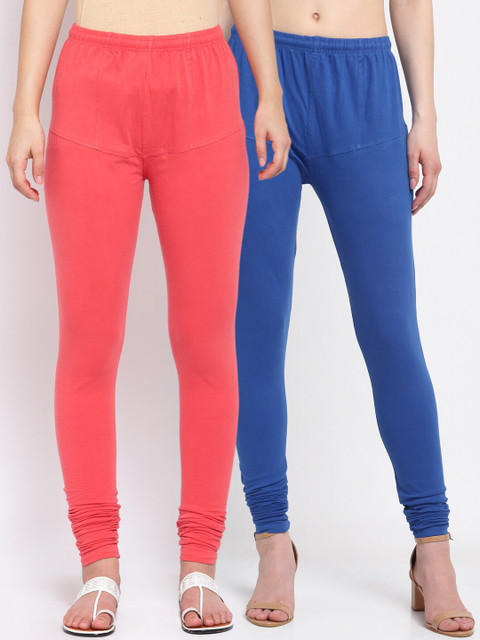 

KLOTTHE Women Pack of 2 Solid Cotton Churidar-Length Leggings, Peach
