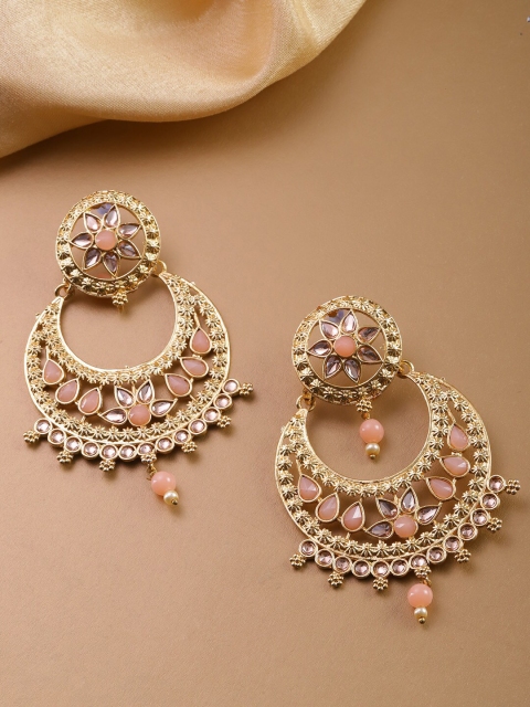 

Priyaasi Gold-Plated & Peach-Coloured Crescent Shaped Floral Chandbalis Earrings