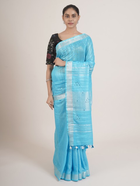 

Pothys Blue & Silver-Toned Embellished Mirror Work Linen Blend Saree