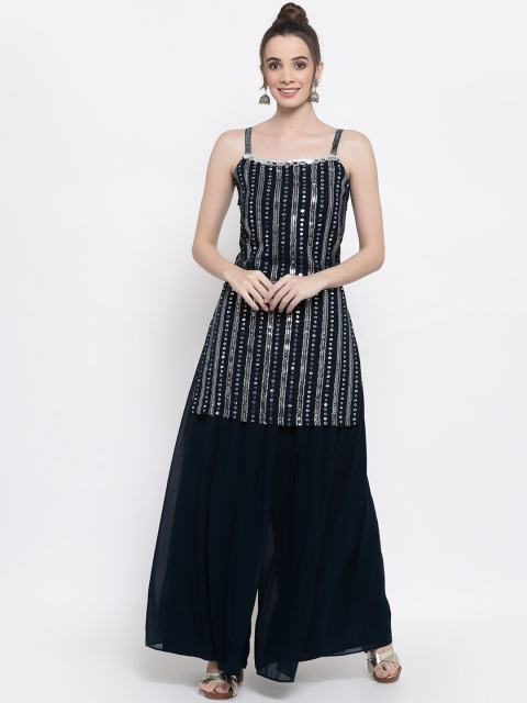 

KHALOM Women Navy Blue Embroidered Sequinned Kurta with Palazzos & With Dupatta