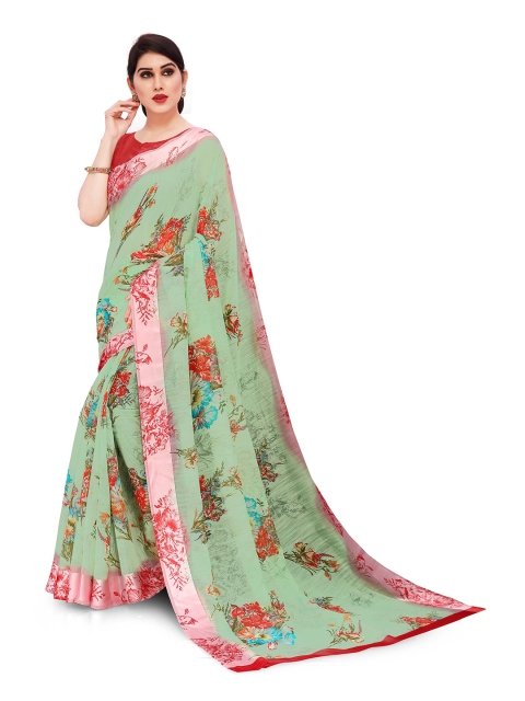 

KALINI Green & Red Floral Printed Saree