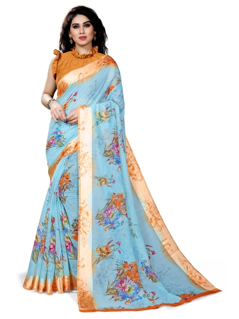 

KALINI Turquoise Blue & Orange Floral Bagh Saree