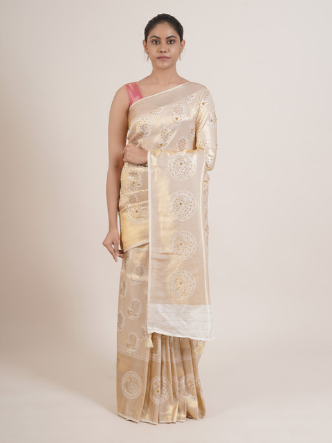 

Pothys Cream-Coloured & Gold Ethnic Motifs Beads and Stones Art Silk Saree