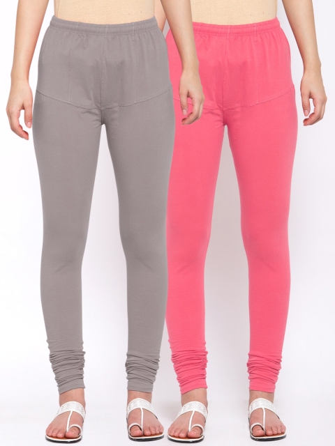 

KLOTTHE Women Pack of 2 Solid Cotton Churidar-Length Leggings, Pink