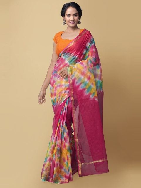

Unnati Silks Fuchsia & Yellow Leheriya Zari Pure Cotton Sustainable Kota Saree