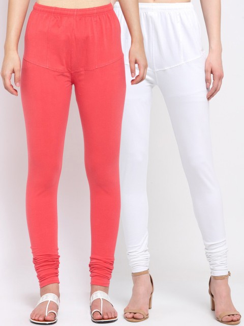 

KLOTTHE Women Pack of 2 Peach & White Cotton Churidar-Length Leggings