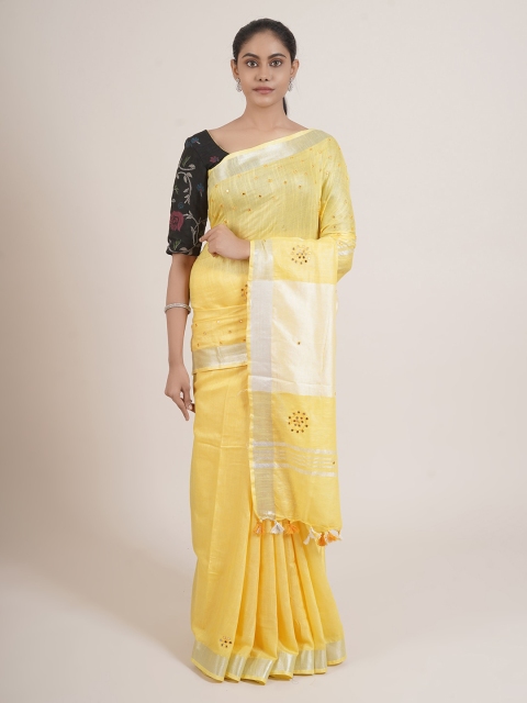 

Pothys Yellow & Silver-Toned Mirror Work Linen Blend Saree