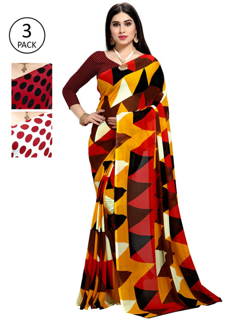 

KALINI Pack of 3 Printed Sarees, Red