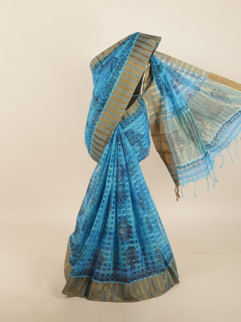 

Pothys Blue & Off White Self Checked Saree with Printed Detail