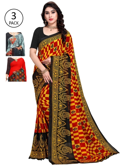 

KALINI Pack Of 3 Printed Poly Georgette Sarees, Green