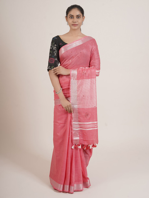

Pothys Pink & Silver-Toned Mirror Work Linen Blend Saree