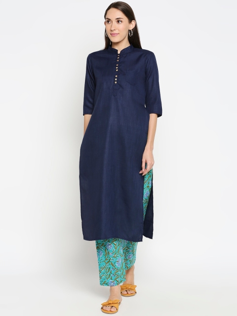 

Desi Weavess Women Navy Blue Pure Cotton Kurta with Trousers
