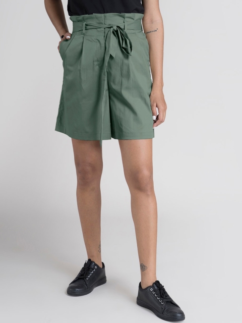 

FableStreet Women Green Loose Fit Pure Cotton Mid-Rise Regular Shorts