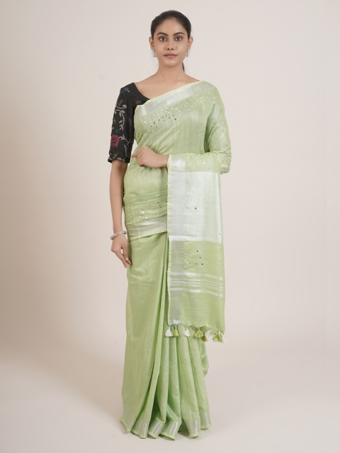 Pothys Green & Silver-Toned Floral Mirror Work Linen Blend Saree