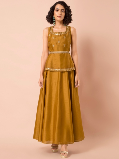 

INDYA Women Yellow Embroidered Belted Peplum Layered Tunic