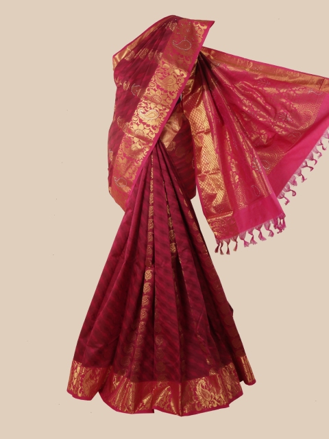 

Pothys Pink & Gold-Toned Woven Design Beads and Stones Pure Silk Kanjeevaram Saree