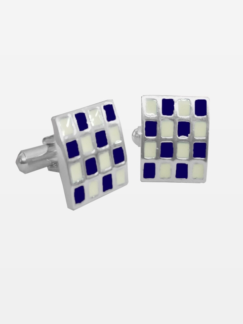

Blacksmith Silver-Toned & Blue Rhodium-Plated Enamelled Rectangular Cufflink