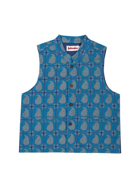

Fabindia Boys Blue & Beige Paisley Patterned Nehru Jacket