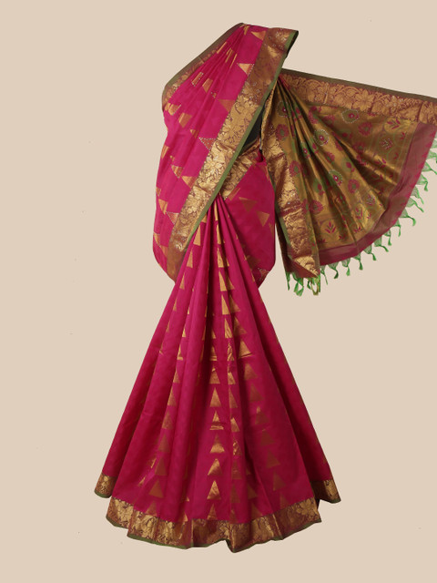 

Pothys Pink & Green Zari Pure Silk Kanjeevaram Saree