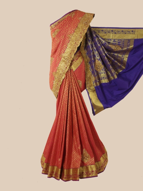 

Pothys Red & Blue Floral Beads and Stones Pure Silk Kanjeevaram Saree