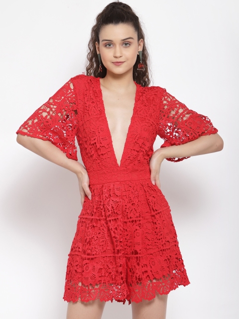 

iki chic Women Red Plunging V-Neck Short Romper