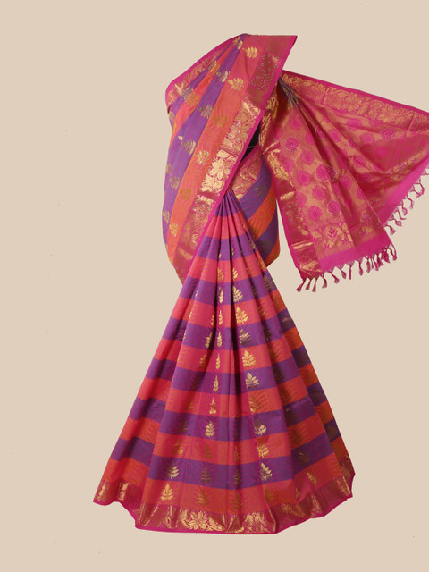 

Pothys Pink & Purple Striped Pure Silk Kanjeevaram Saree