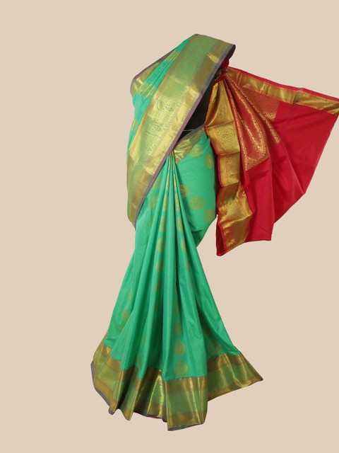 

Pothys Green & Gold-Toned Ethnic Motifs Zari Pure Silk Kanjeevaram Saree