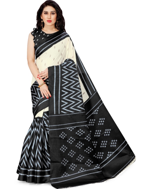 

KALINI Cream-Coloured & Black Printed Art Silk Saree