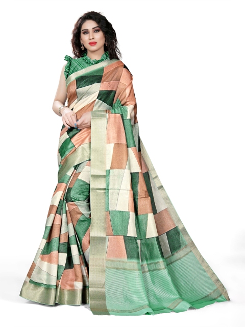 

KALINI Green & Peach-Coloured Colourblocked Zari Silk Blend Block Print Saree