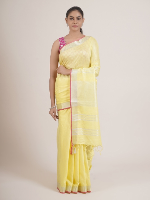 

Pothys Yellow & Grey Zari Linen Blend Saree