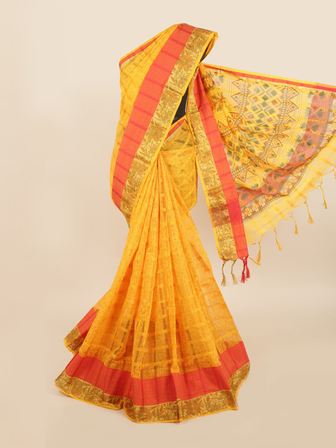 

Pothys Yellow & Orange Checked & Printed Saree