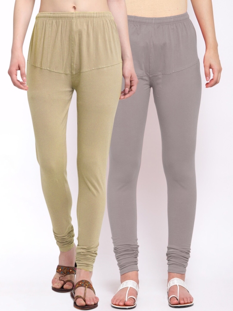 

KLOTTHE Women Pack of 2 Grey & Beige Cotton Churidar-Length Leggings